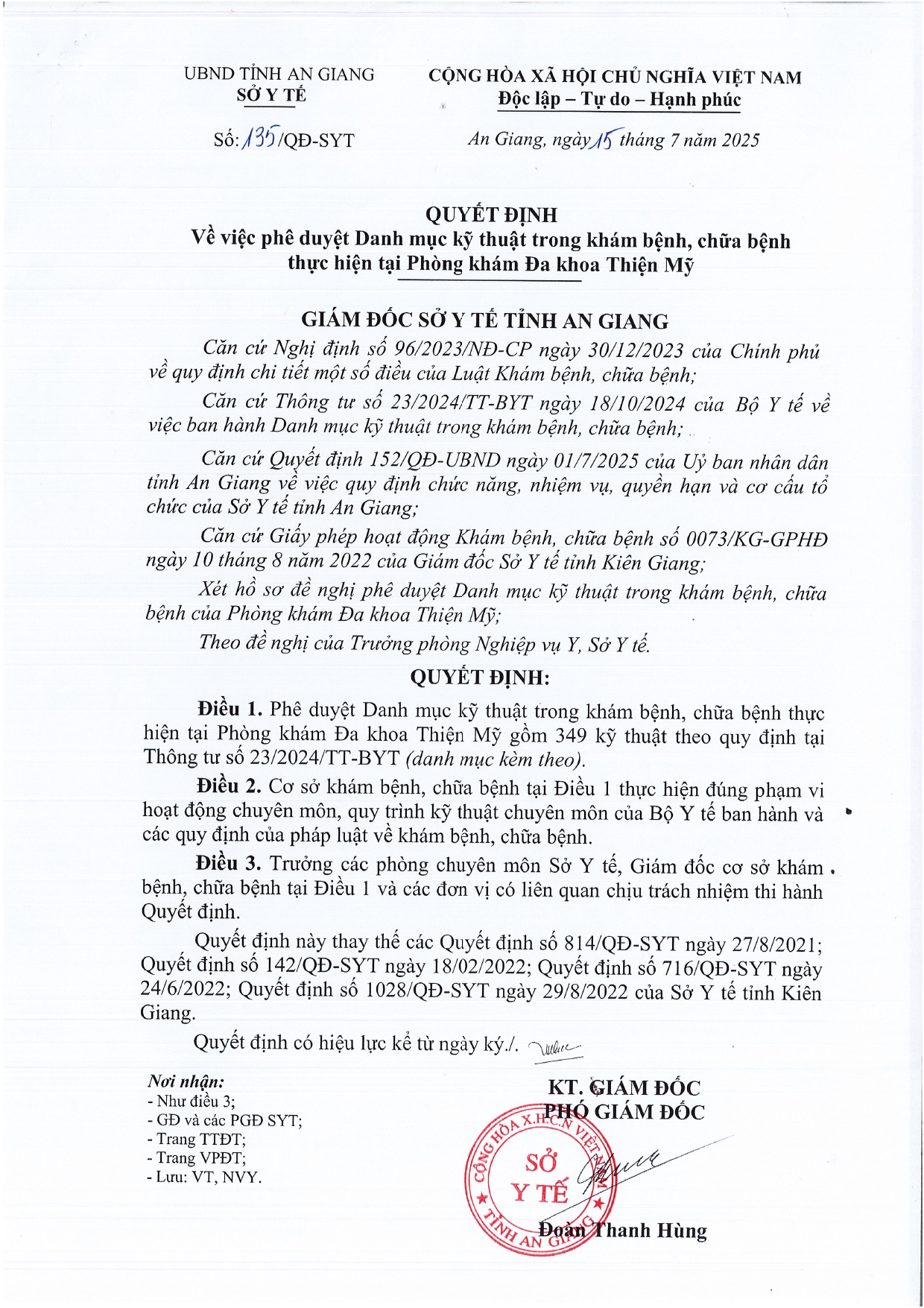 QUYẾT ĐỊNH DANH MỤC DVKT TẠI PKĐK THIỆN MỸ